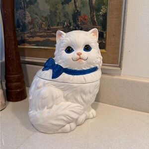 Vintage White Cat Cookie Jar with Blue Bow